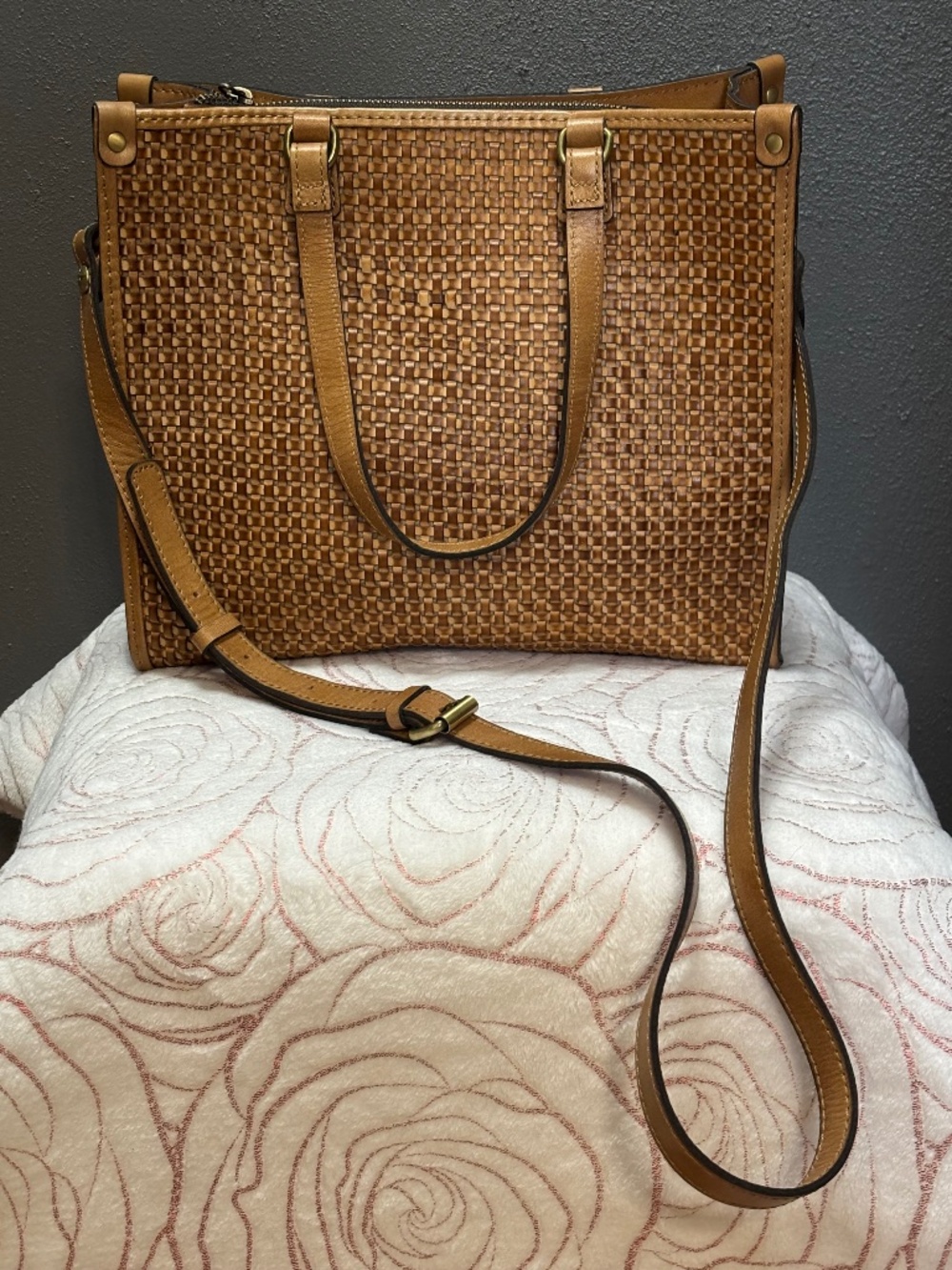 Patricia Nash Ava Brown Woven Leather Crossbody Tote & Top Handle Bag w/ Strap